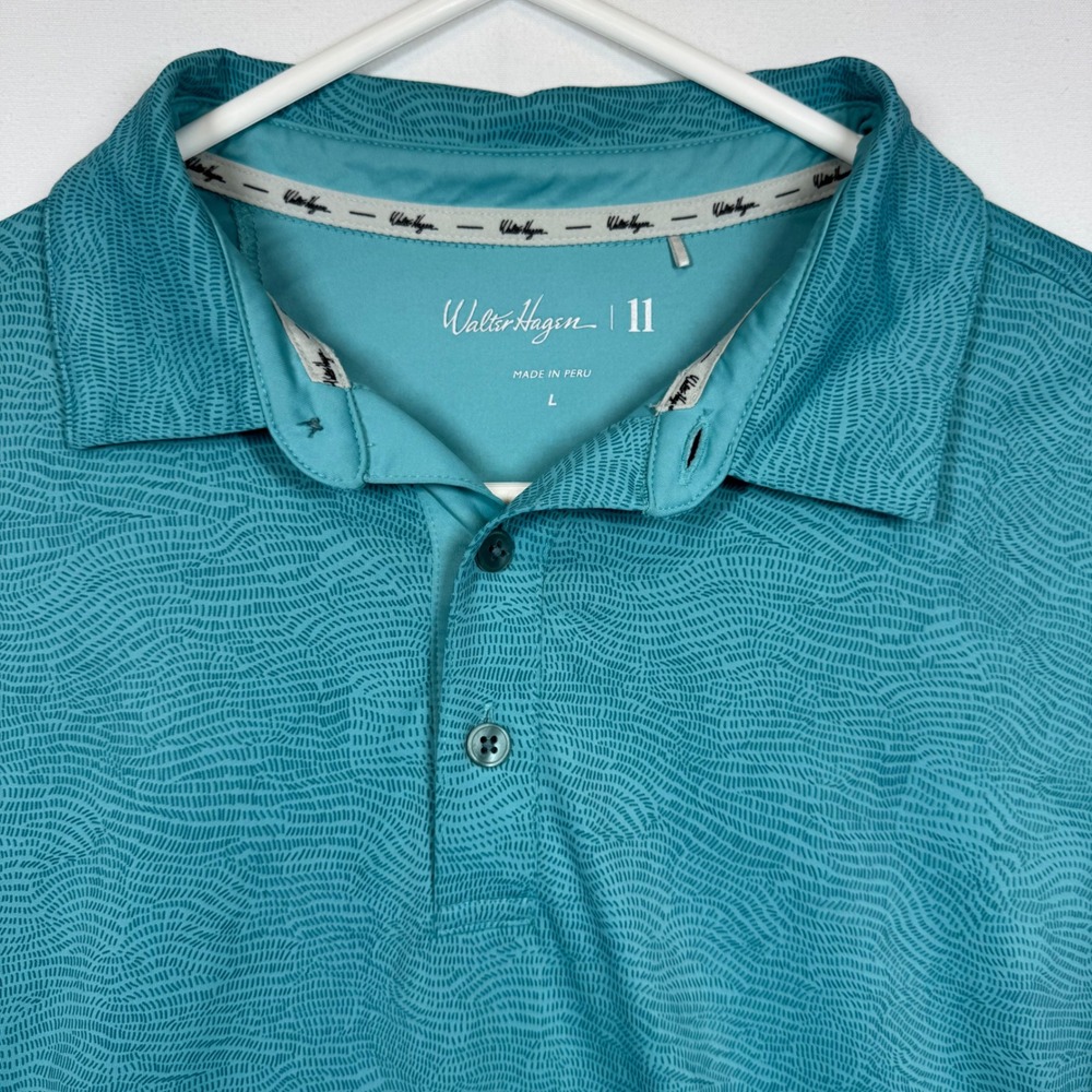 Walter Hagen Golf Pattern Polo Shirt Moisture Wicking Stretch Aqua Blue Sz Large